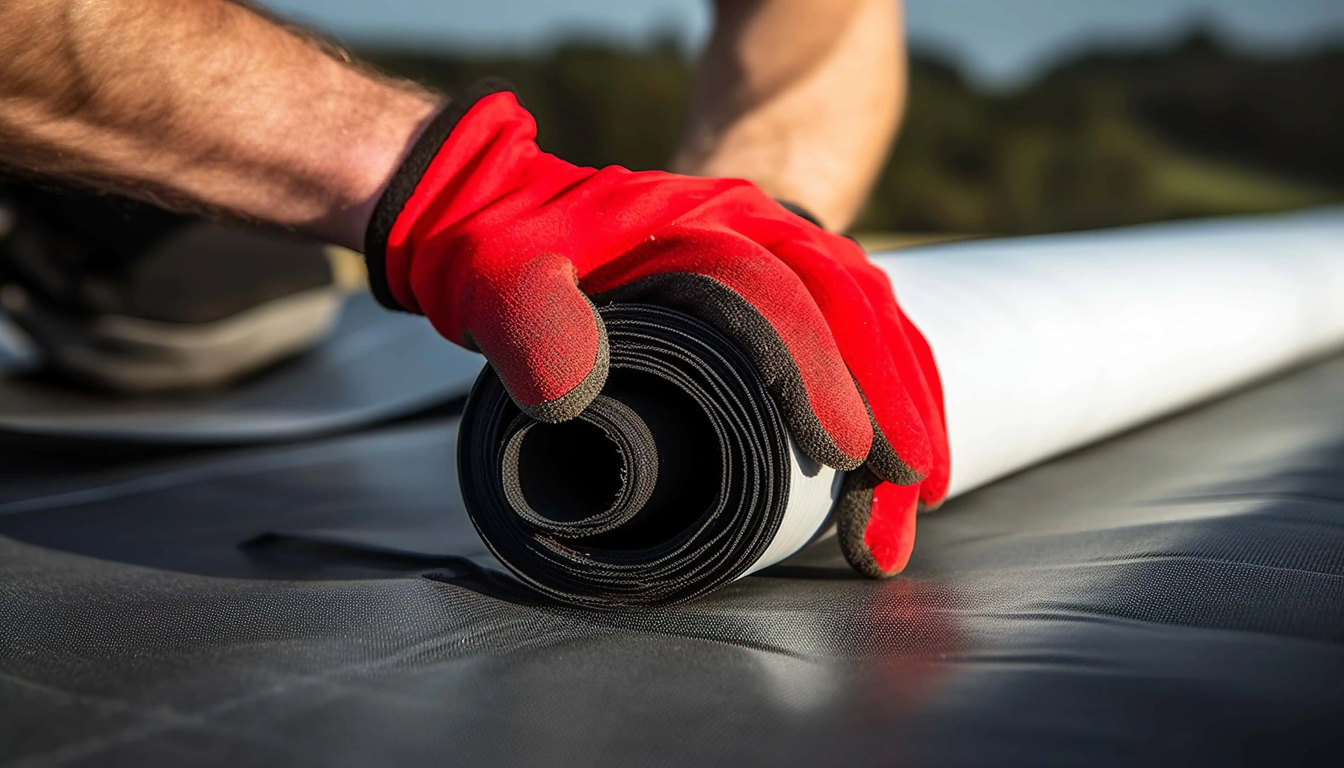 Roofing Worker Preparing a Roll of EPDM Roof Membrane Material, forces on hand closeup
